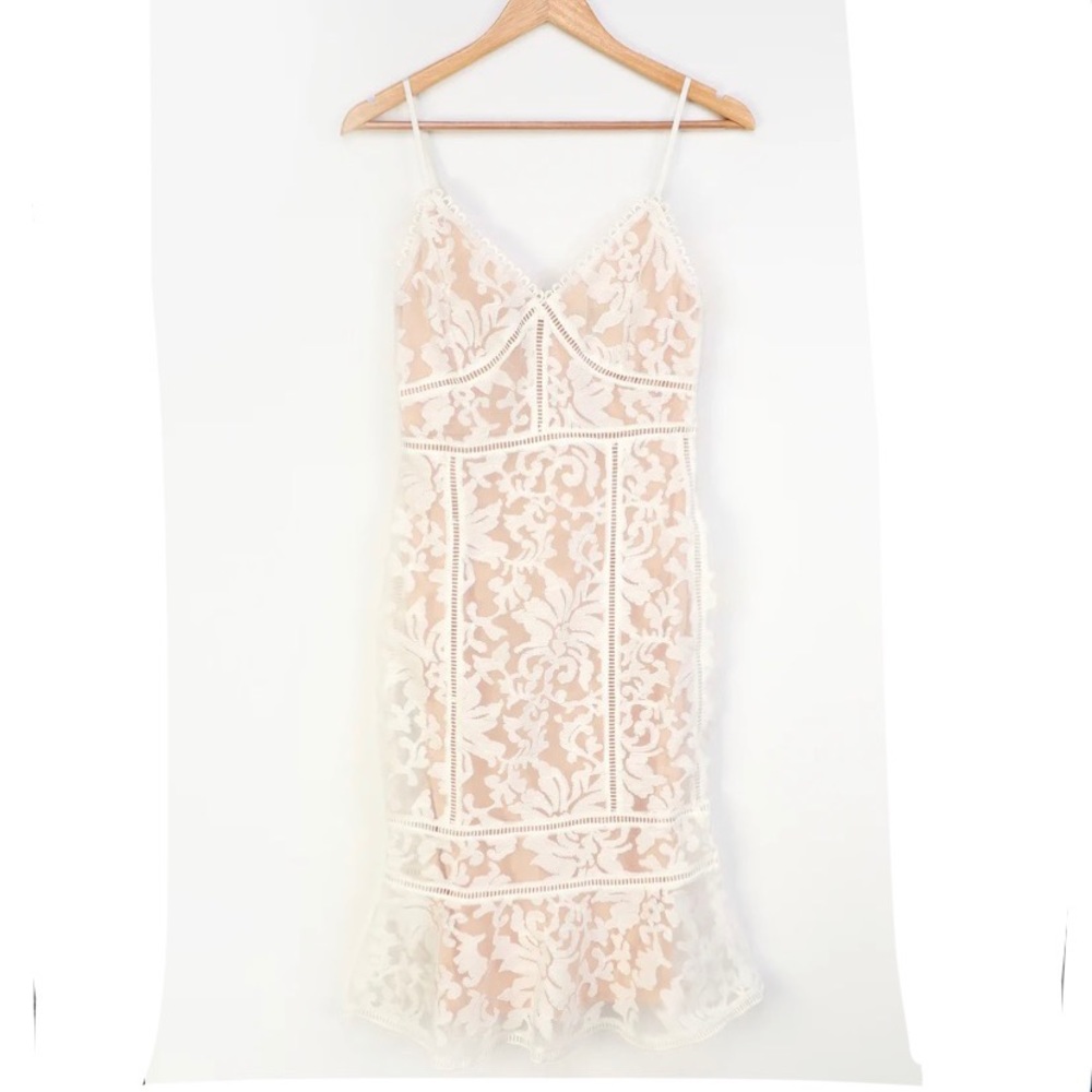 Alluring Love White and Nude Lace Trumpet Hem Midi Dress